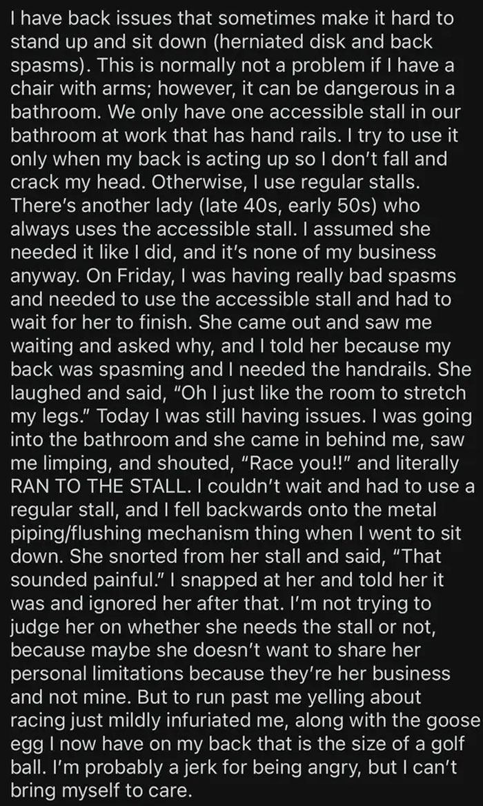 Text description of an experience with inconsiderate colleagues and bathroom accessibility issues at work.