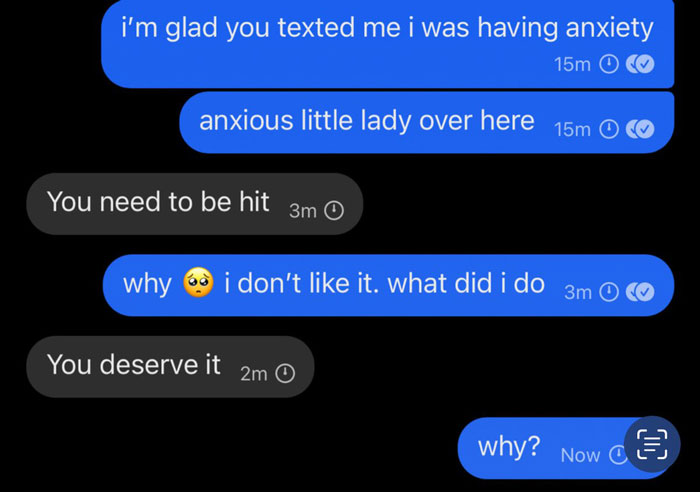 Text exchange showing concerning messages discussing anxiety and blame. Text exchange showing concerning messages discussing anxiety and blame.