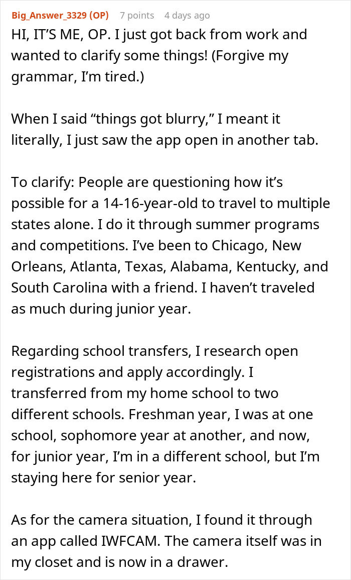 Text detailing a teen's discovery of being secretly watched via a hidden camera found through an app. Text detailing a teen's discovery of being secretly watched via a hidden camera found through an app.