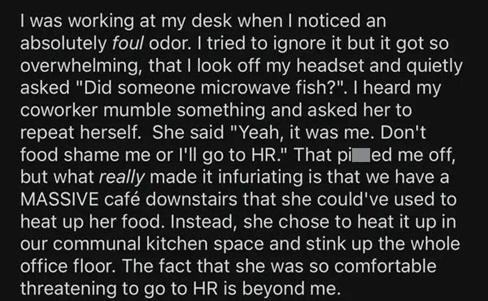 Text describing a difficult colleague who heated fish in the office kitchen, causing a disturbance.