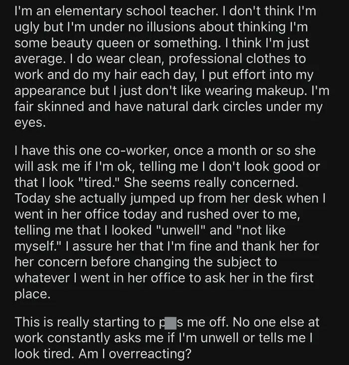 Text exchange about a teacher annoyed by a colleague's repeated comments on her appearance, asking if she looks tired.