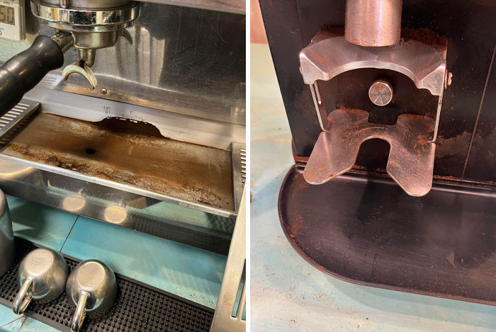 Dirty espresso machine and grinder showing neglect and poor maintenance by worst colleagues.