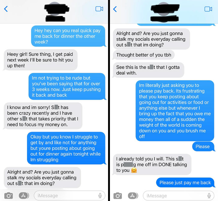 Text message exchange illustrating tension over unpaid dinner among colleagues.