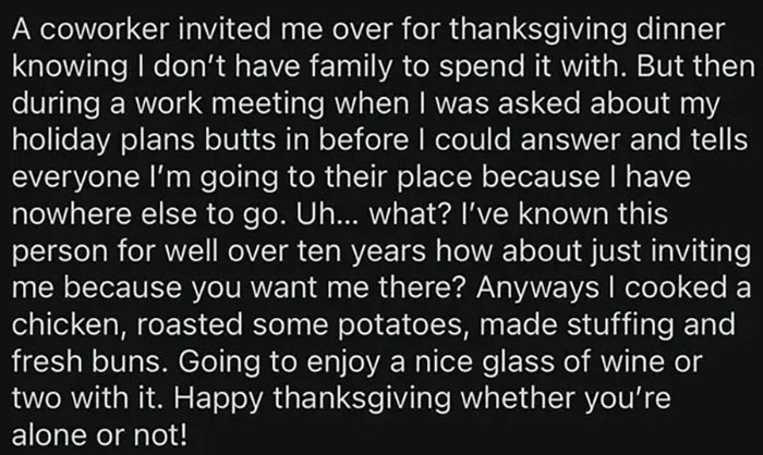Text message describing a colleague's awkward Thanksgiving dinner invitation, highlighting workplace dynamics.