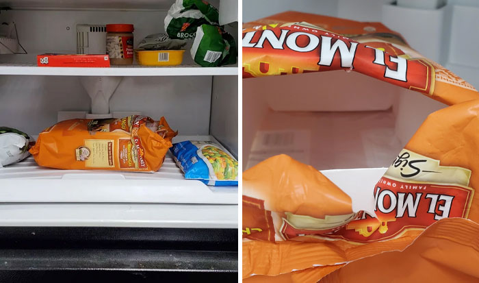 Empty chip bag left in freezer, showcasing worst colleague behavior.