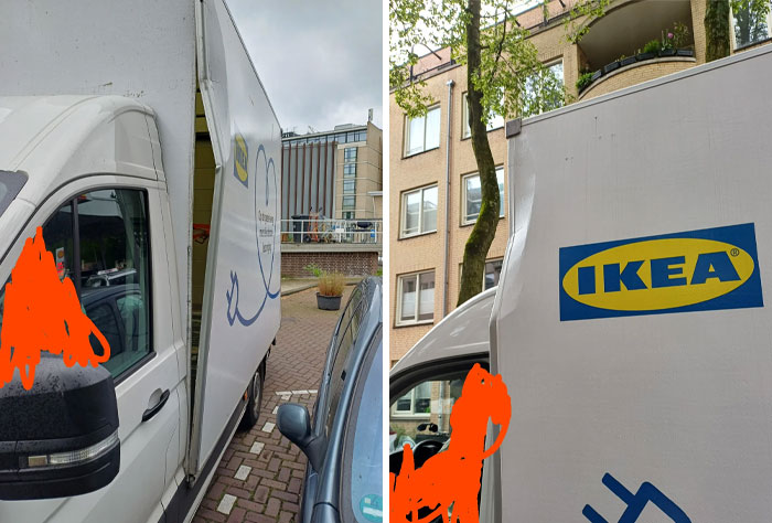 IKEA delivery truck stuck due to a tight turn, showcasing the challenges faced by colleagues in delivery jobs.