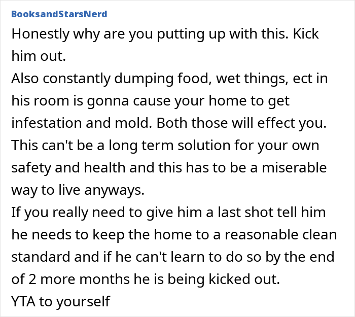 Text warning about brother's messy living causing health issues and suggesting eviction for safety. Text warning about brother's messy living causing health issues and suggesting eviction for safety.