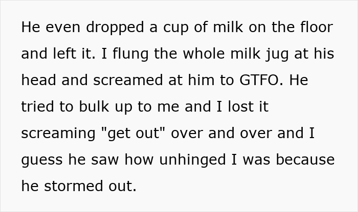 Text describing a woman confronting her brother about living in filth, mentioning milk and yelling. Text describing a woman confronting her brother about living in filth, mentioning milk and yelling.