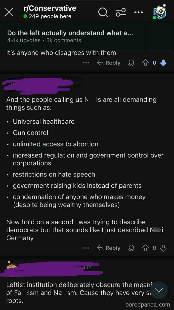 Reddit post from r/Conservative discussing political views, highlighting an attempt at understanding diverse ideologies.