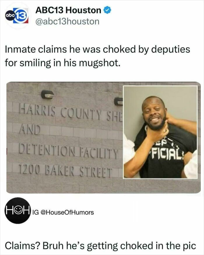 Inmate claims choking incident by deputies in mugshot, humorous twist on failed attempt.