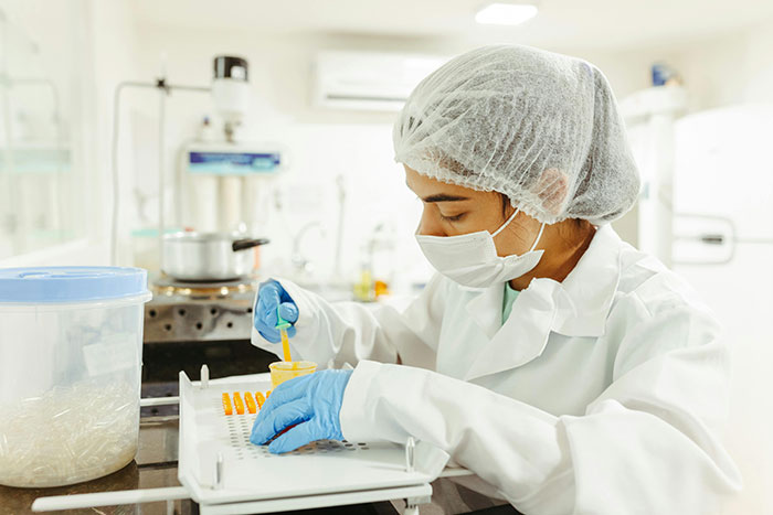 Health professional in a lab, wearing protective gear, examining samples to uncover human body mysteries.