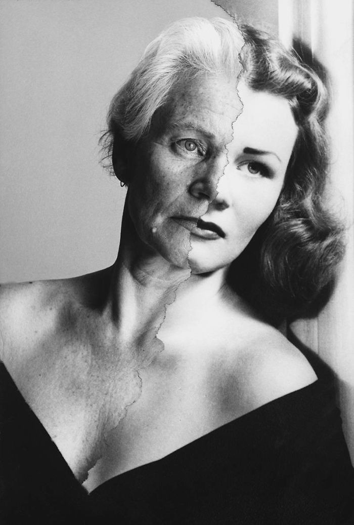 A woman's face is split, showing effects of time and use, with half young and half aged.