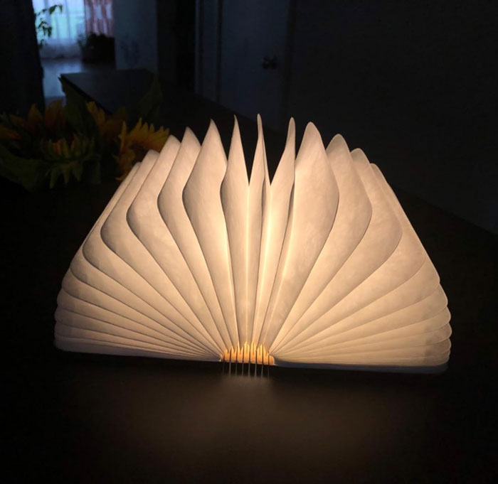 Illuminated book-shaped lamp on a dark surface, influenced by TikTok trends.