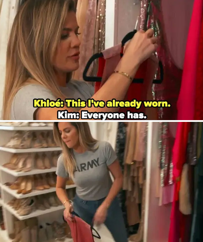 Celebrity examining clothes in a luxurious closet, showcasing wasteful habits.