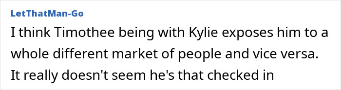 Text comment on Timoth&eacute;e Chalamet and Kylie Jenner's relationship dynamics.