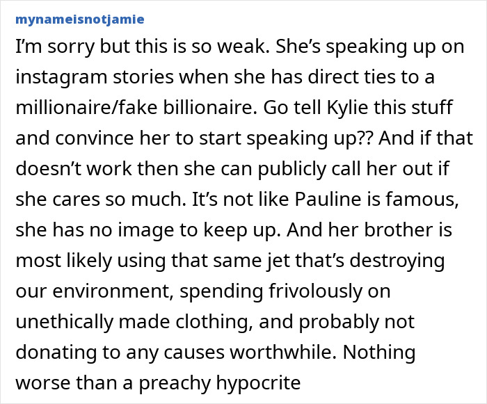 Text rant referencing Timoth&eacute;e Chalamet's sister criticizing Kylie Jenner and wealth hypocrisy.