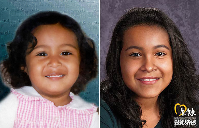 Two side-by-side images of Andrea Michelle Reyes as a toddler and aged photo. Two side-by-side images of Andrea Michelle Reyes as a toddler and aged photo.