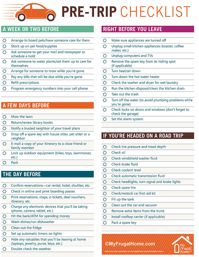 Infographic of a pre-trip checklist including tasks like pet care, unplugging appliances, and car maintenance.
