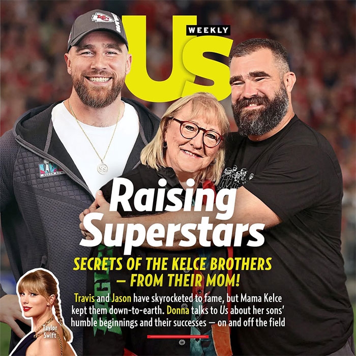 Travis Kelce with his brother and mother, showcasing his lifestyle beyond the field on a magazine cover.