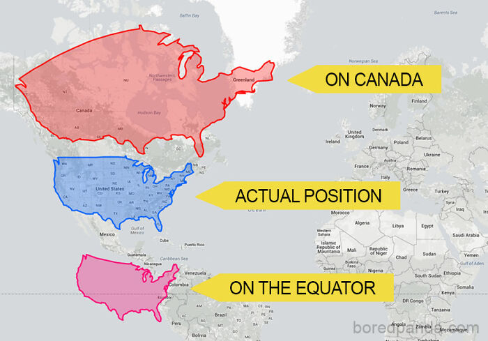 Map showing countries' sizes distorted with the U.S. in Canada, the equator, and actual positions highlighted.
