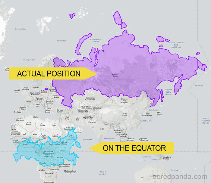 Map comparing Russia's size at actual position and on the equator, illustrating countries' true sizes.