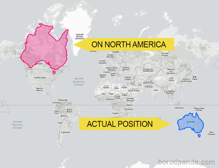 "A map showing how Australia compares in size when placed over North America, illustrating country size differences."
