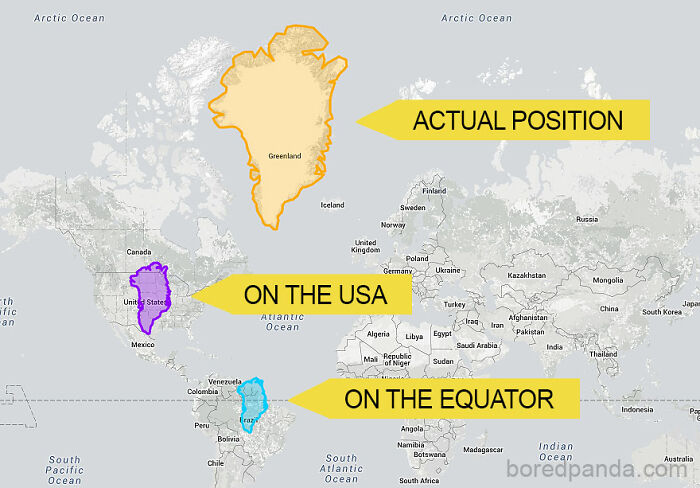 Greenland's size compared on USA and equator map shows distortion in country sizes.