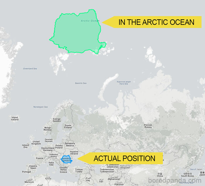 Map showing Romania's size comparison with its position in the Arctic Ocean, highlighting country size misconceptions.