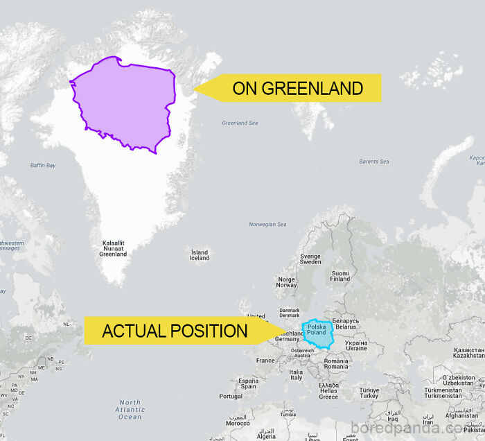 Map showing Poland's actual size versus its size on Greenland.