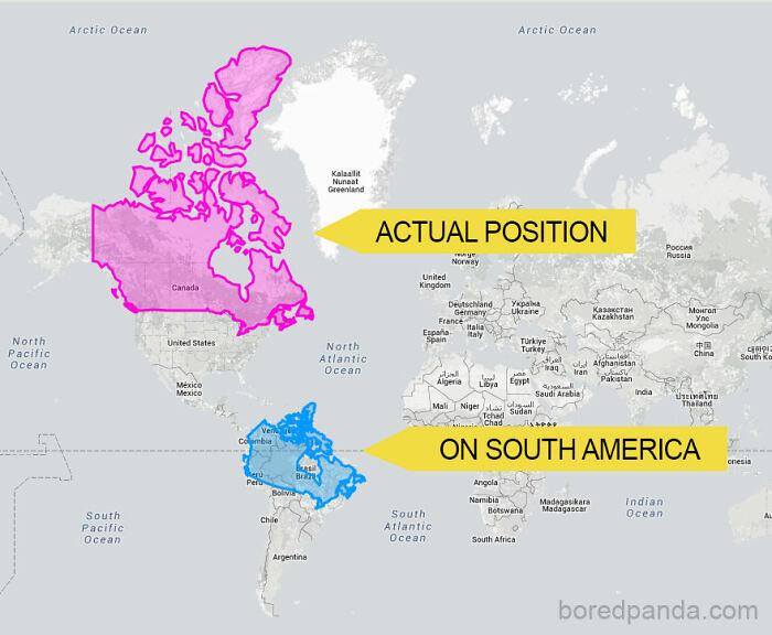 Map showing country size comparison with repositioned outlines of Canada and a South American country.