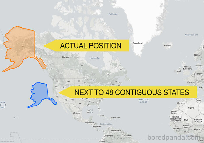 Map of Alaska's size compared in actual position versus next to the contiguous U.S. states.
