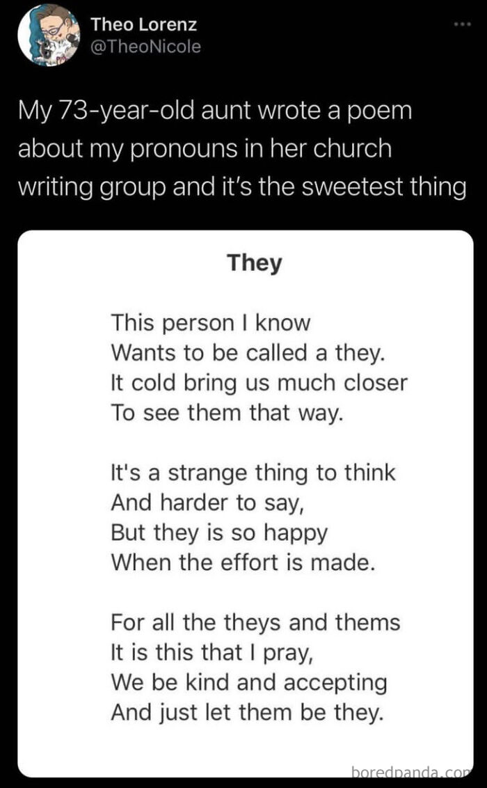 A heartfelt poem about pronouns, showcasing wholesome support and understanding within the community.