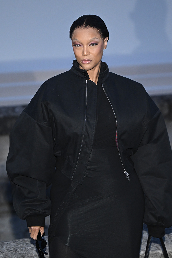 Tyra Banks in black jacket at Paris Fashion Week.