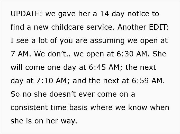 Text screenshot about inconsistent childcare drop-off times and new service notice.