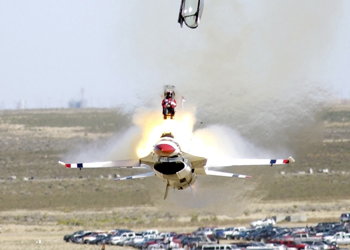 Pilot ejects from malfunctioning jet, unusual and unsettling aviation scene.