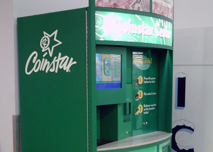 Coinstar machine in a public location used for converting coins to cash, related to unusual and unsettling facts by influencer.
