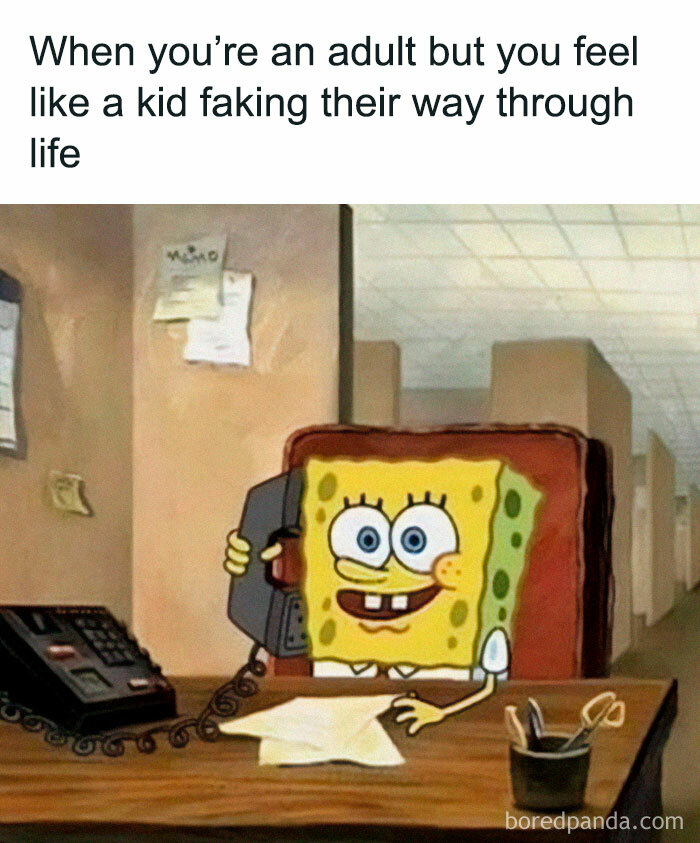 SpongeBob sitting at a desk on the phone, joking about adulthood in a funny meme.
