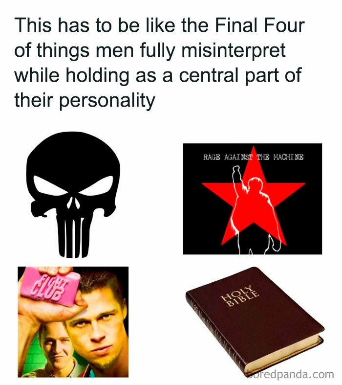 Four misinterpreted symbols: Punisher logo, "Rage Against the Machine" album, "Fight Club" cover, and a Holy Bible.
