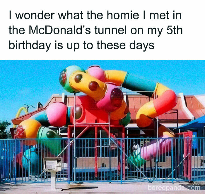 Colorful playground tubes with humorous text wondering about a childhood friend.