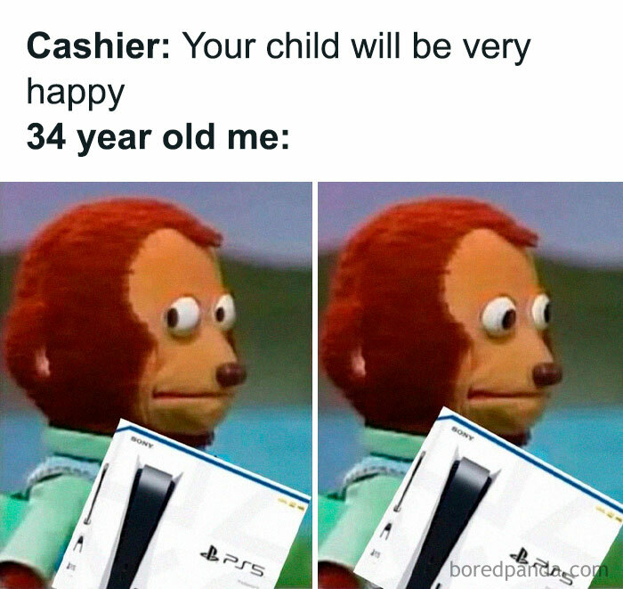 Confused monkey meme about adult buying a PS5, highlighting humorous random memes.