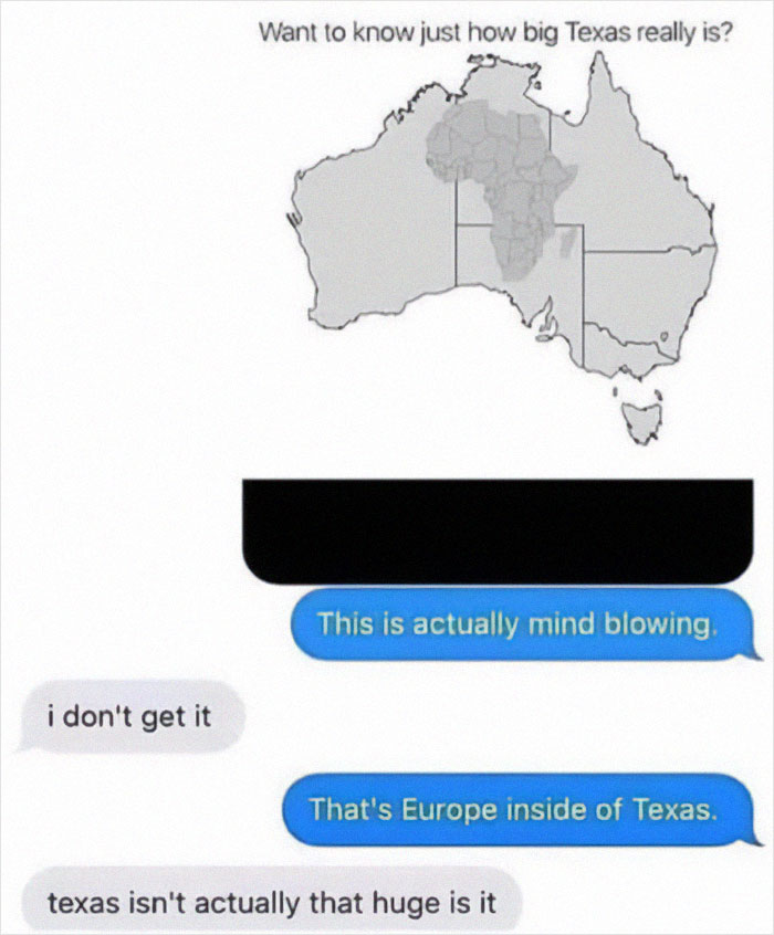 Random meme comparing the size of Texas, Africa, and Europe humorously, sparking confusion and amazement in a chat.