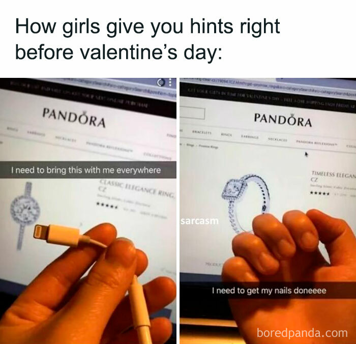 Funny meme of a woman hinting for jewelry before Valentine's Day, showing a Pandora ring and a phone charger.