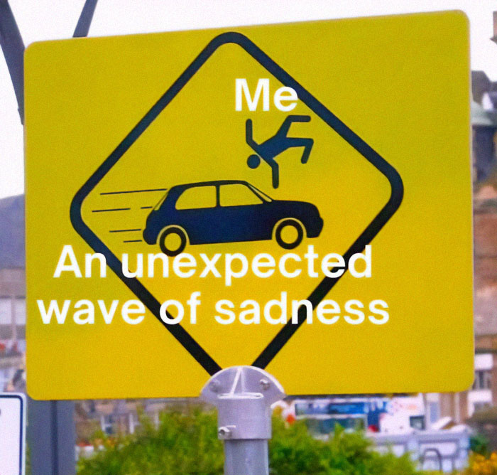 Yellow meme sign with a car hitting a figure, labeled "Me" and "An unexpected wave of sadness," creating funny random humor.