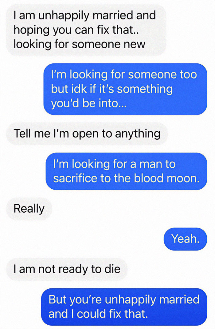 Text conversation meme about unhappily married person and blood moon sacrifice proposal.