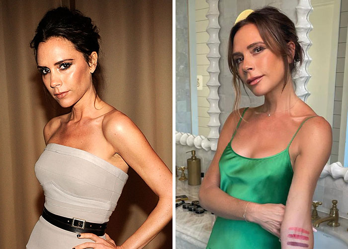 Side-by-side images of a celebrity in different outfits, related to regret over plastic surgery.