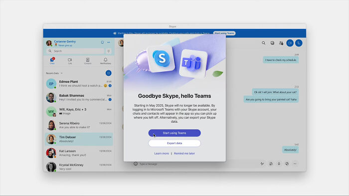 Skype interface showing a notification about its gradual transition to Microsoft Teams, highlighting disappearing communication apps.