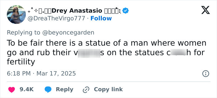 Tweet discussing debate over statue groping by tourists, mentioning fertility rituals involving statues.