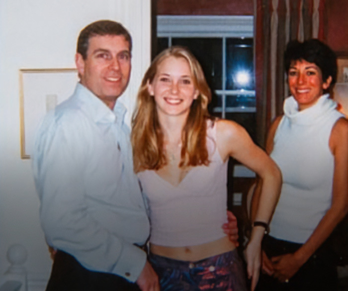 Three people posing together in a room, related to Prince Andrew's accuser.
