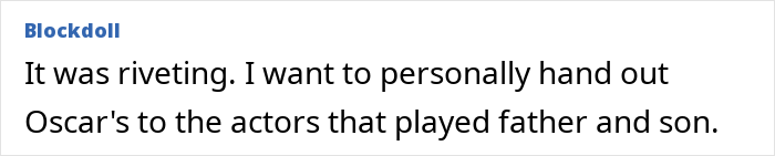 Comment praising "Adolescence" for emotive father-son performance and potential Oscars nod.