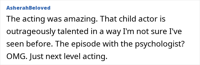 Comment praising child actor performance in TV show "Adolescence," mentioning psychologist episode standout.